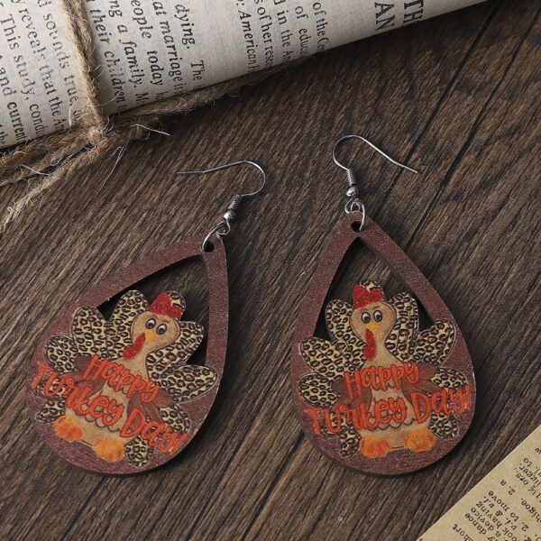 oly-a86884e48bd83c47e9d31e2e6caf621d Wholesale New cross-border Thanksgiving leopard print polka dot turkey teardrop-shaped hollowed-out pendant earrings, distressed wooden double-sided earrings
