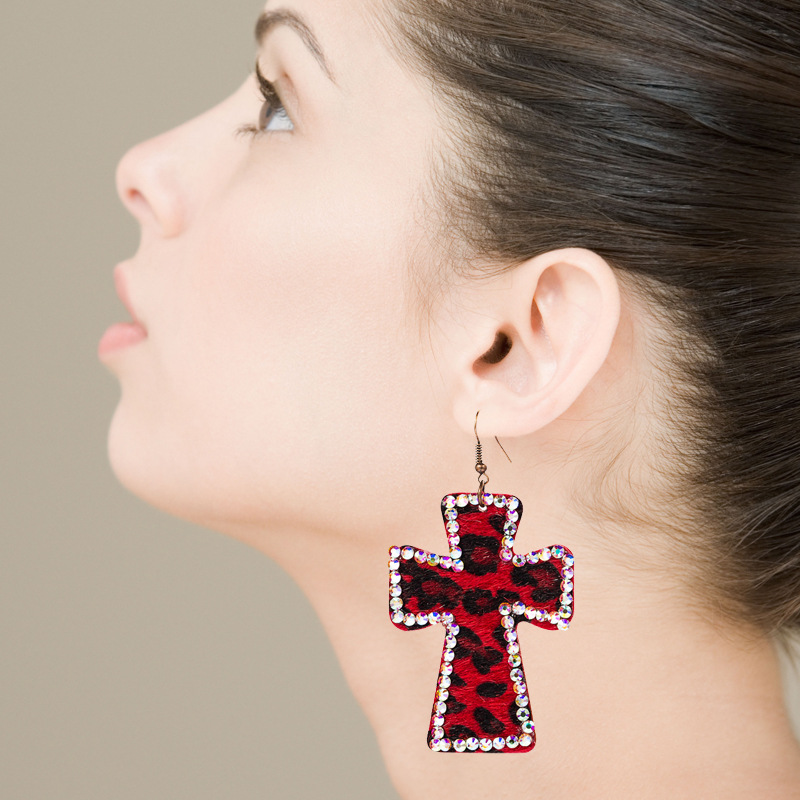 Wholesale Handmade Ins Shibuya Spice Y2K Niche Japanese Harajuku Exaerated Cross Leather Leopard Earrings Earrings