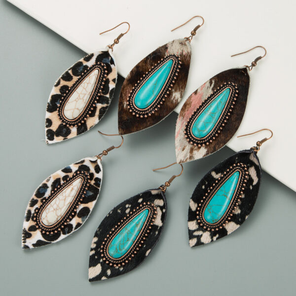 Wholesale Leopard Leather Earrings Distinctive Alloy Set with Big Turquoise Long Banquet Earrings