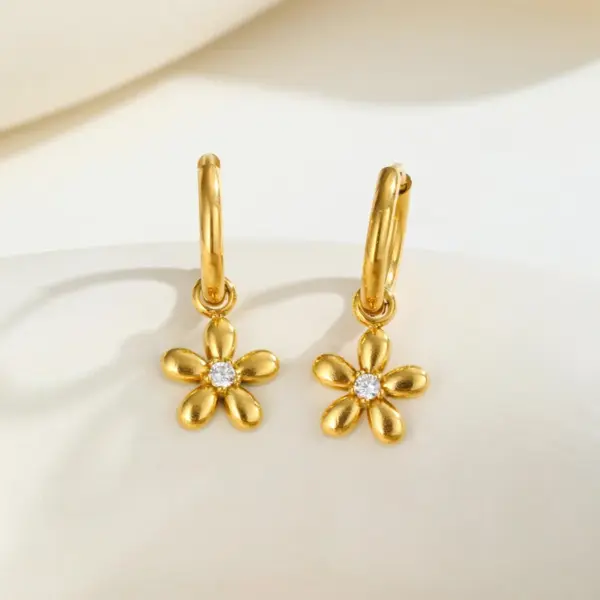 Wholesale PVD Coated Real Gold Plated 18K Gold Flower 304 Stainless Steel IG Style Casual Artistic Waterproof Non Tarnish Charm Sleeper Hoop Earrings