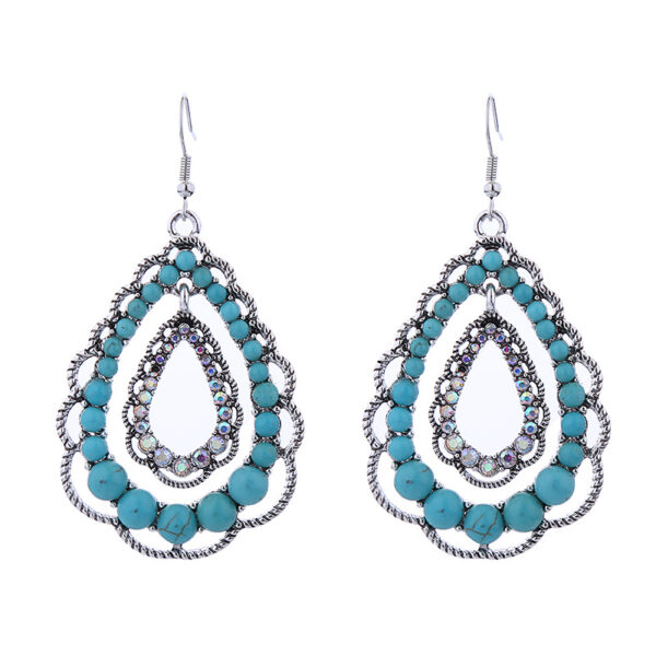 Wholesale Cross-border new double-layer water drop hollow pendant inlaid turquoise earrings female personality retro high quality Party earrings