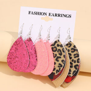 Wholesale Sequined teardrop leopard print earring set