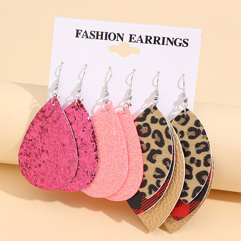 Wholesale Sequined tearop leopard print earring set