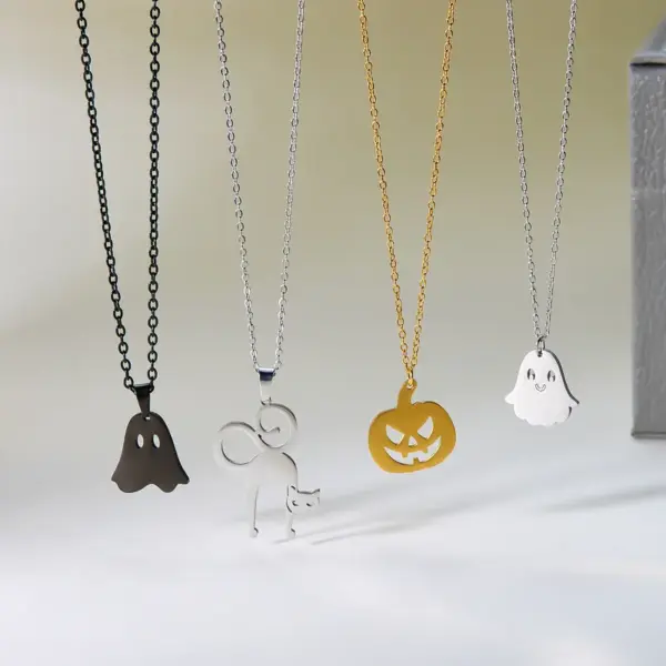 Wholesale 201 Stainless Steel Pumpkin Ghost Spider Plated KC Golden Plated Funny Asymmetrical Hollow Out O-shaped Chain Gold Black Pendant Necklace