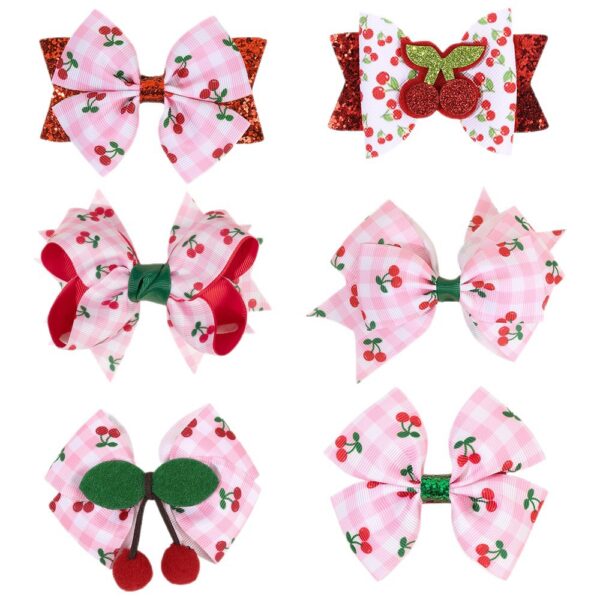 Wholesale Pink Plaid Cherry Print Bow Hairpin