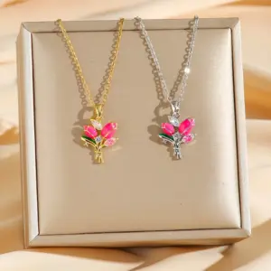 Wholesale Jewelry Simple Style Tulip Titanium Steel Zircon Pendant Necklace