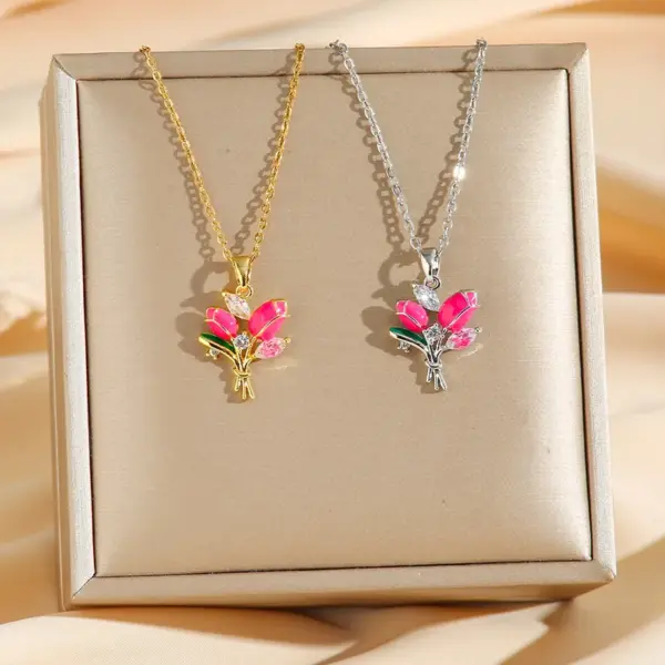 Wholesale Jewelry Simple Style Tulip Titanium Steel Zircon Pendant Necklace