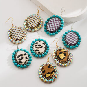 Wholesale Leopard print leather earrings, vintage alloy, rhinestone-encrusted, color-blocked plaid earrings