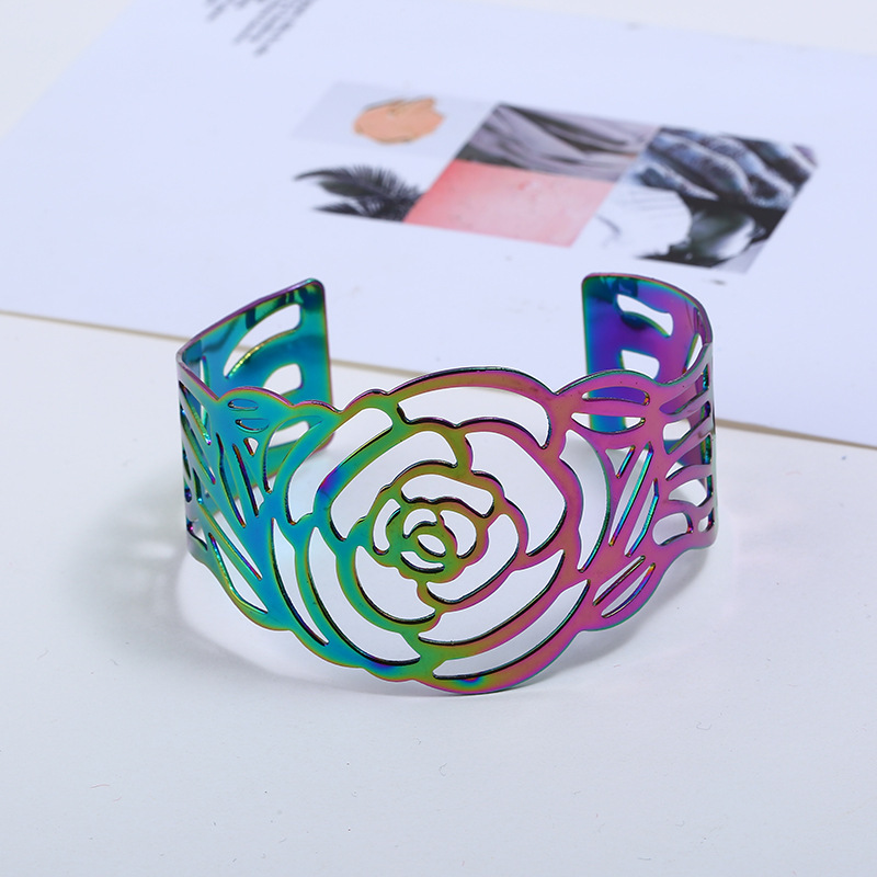 Wholesale Women's European and American Carved Colorful Bracelet Fashion Wide Face Hollow Metal Rose Open Arm Ring Cross-border Jewelry