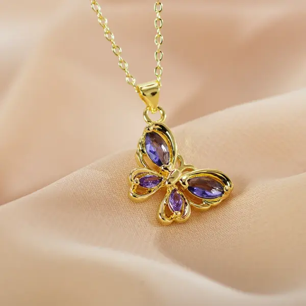 Copper Butterfly Vacuum Plating Zircon Copper Plated Casual Elegant Vacation Hollow Out Inlay Pendant Necklace