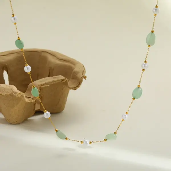 Wholesale Vacuum Electroplating (In Furnace) Plated 18K Real Gold Geometric Pattern Oval 304 Stainless Steel Imitation Pearl Natural Stone Elegant Romantic Lobster Clasp Necklace