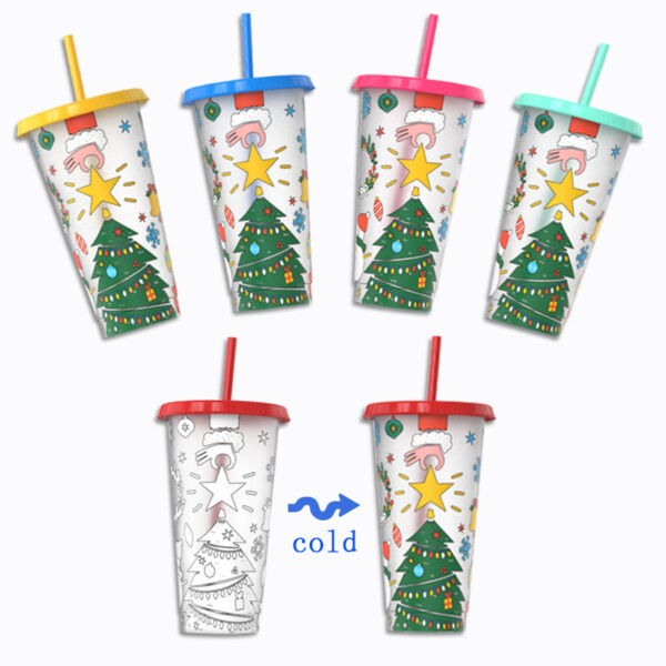 Wholesale Christmas 24oz Large-Capacity Pp Material Water Cup Plastic with Straw, Changes Color When Exposed to Cold, Student Water Cup