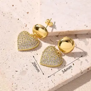 White Heart-Shaped Zircon Light Gold round Gold Earrings [34x20mm (Needle Thickness::0.8mm)] / 1 Pair/Package