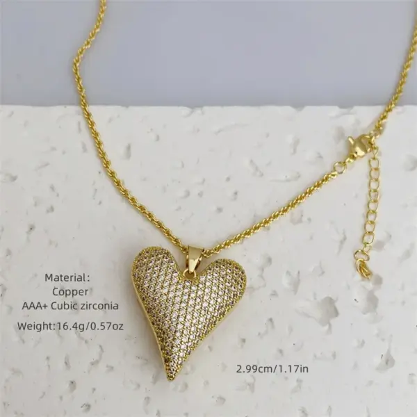 Wholesale Jewelry Retro Classic Style Heart Shape Copper Zircon 18K Gold Plated Inlay Ball Chain Twisted Rope Chain Pendant Necklace