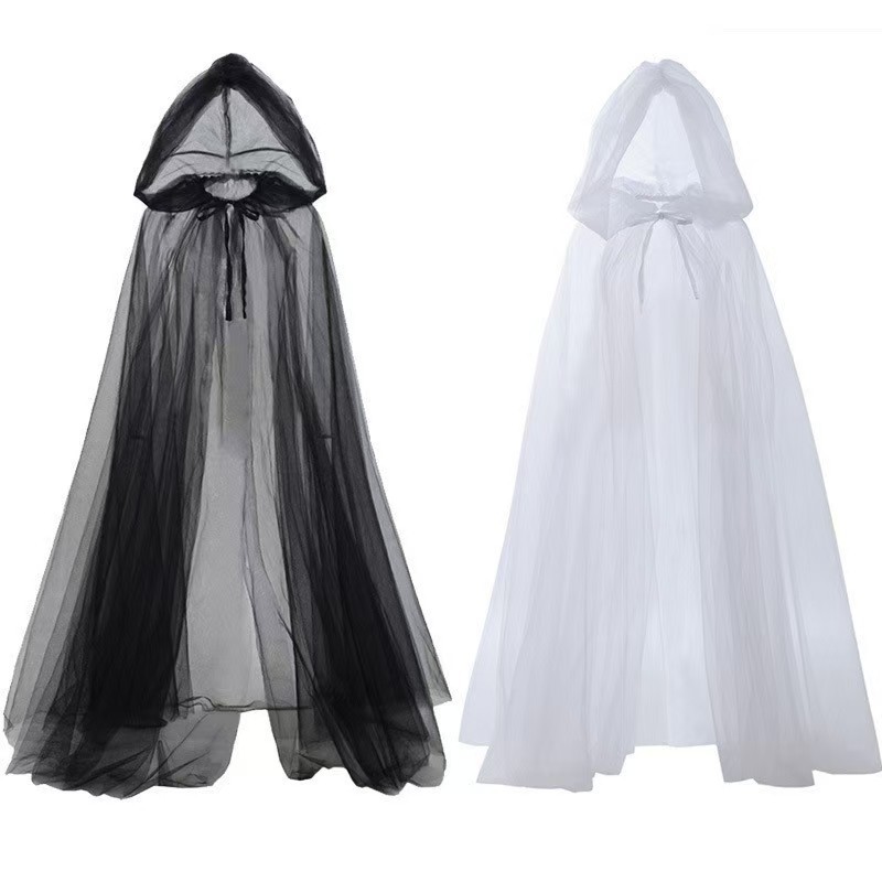 Wholesale European and American Hooded Dark Long Mesh Cool Hooded Unisex Cloak Cosplay Witch Cloak