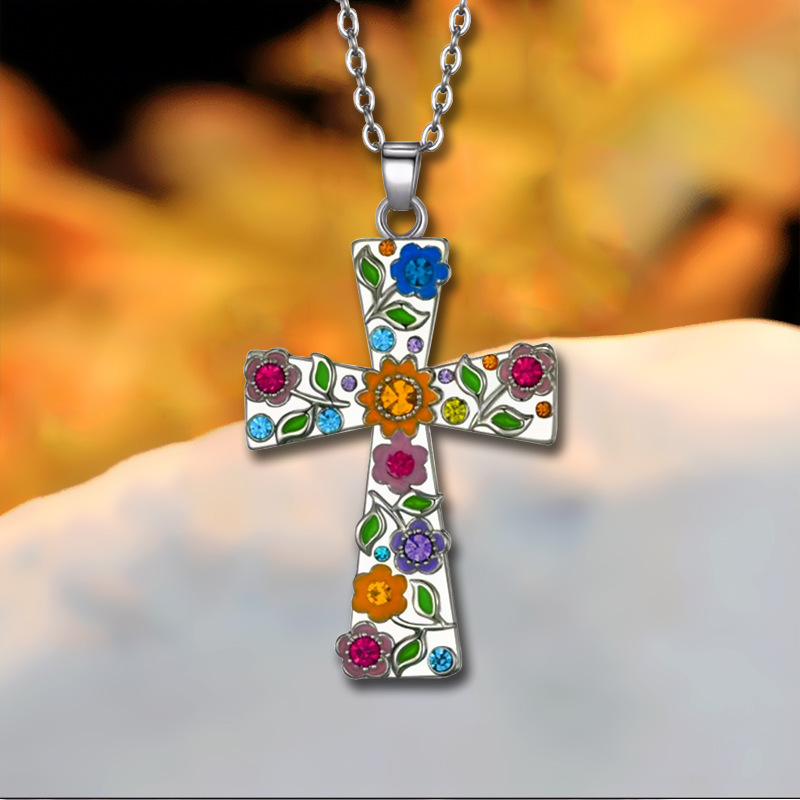 Wholesale Cross-border Explosions Jewelry Wholesale Cross Flower Necklace Pendant Women's Fashion European and American Style Small Plum Blossom Relig