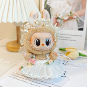 White floral fairy dress + white pearl hair accessory (doll not included) / 15cm Sitting Party Pendant