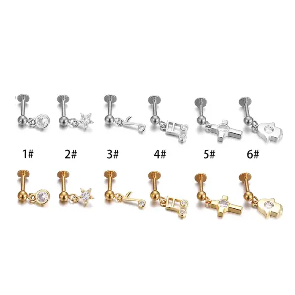 Wholesale 1 Piece 316L Stainless Steel Zircon Ear Cartilage Rings & Studs Star Waterproof Non Tarnish Surgical Steel 14K Gold Plated