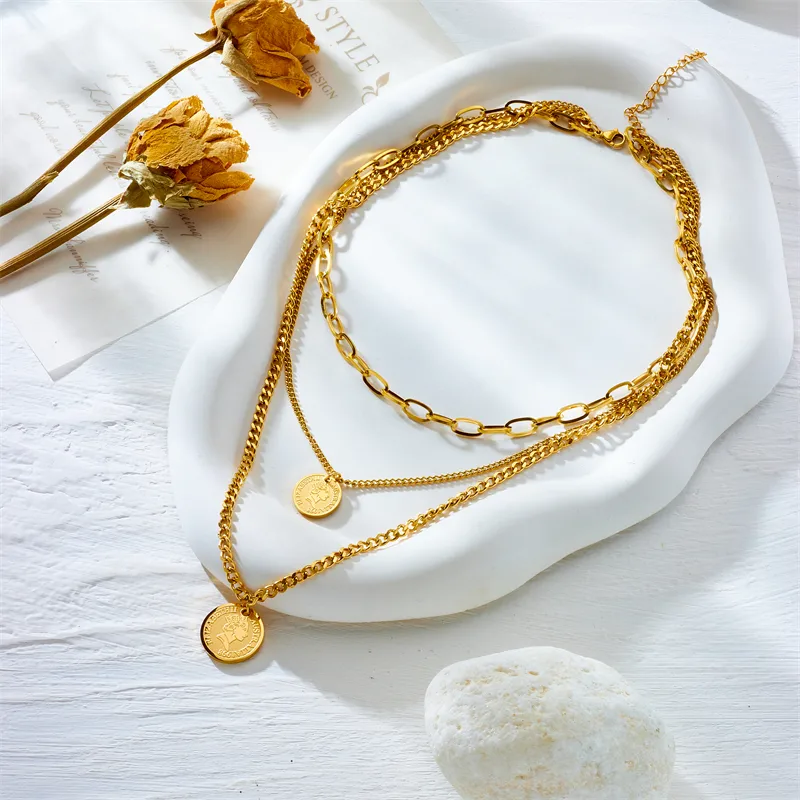 Wholesale PVD Coated 18K Gold Plated Solid Color 304 Stainless Steel Vintage Style Waterproof Non Tarnish 304 Stainless Steel Necklace