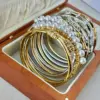 Real Gold Plated 304 Stainless Steel PVD Coated Rhinestones Pearl Solid Color Plating Inlay Bangle