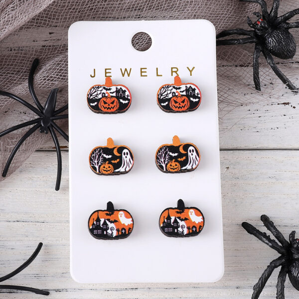oly-a9b696f24940d2a96027584df93fb3f3 Wholesale Cross-Border New Halloween Ghost Witch Hat Black Cat Ghost Face Pumpkin Earrings Set Wooden Party Earrings Gift