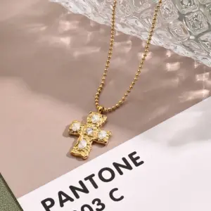 White Rhinestone Embossed Cross Necklace (Gold)【String Length: 430+50mm】 / 1 Strand/Package