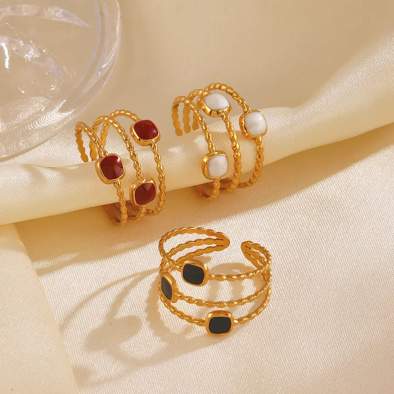 Wholesale Ion Plating (IP) 18K Gold Plated Square Lines 304 Stainless Steel Simple Style Waterproof Non Tarnish Open Rings