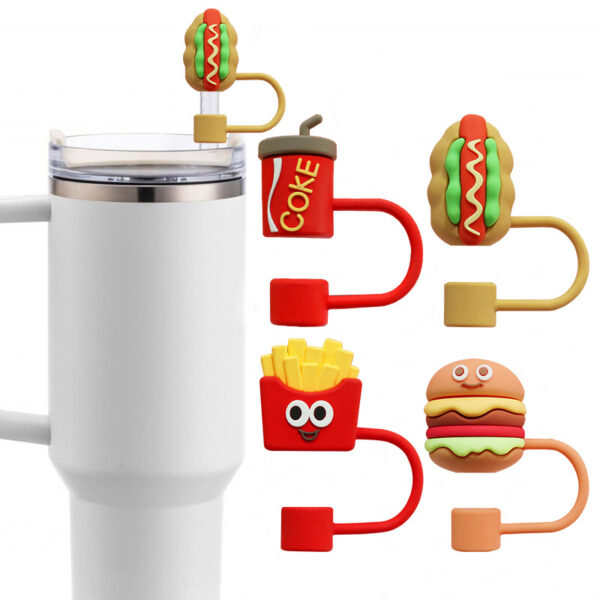 Wholesale Cartoon Soft Plastic Gourmet Series Straw Cap Large Diameter 10mm Cute and Novel Cola Fries Straw Plug Straw Cover