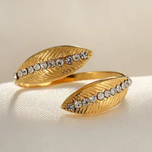 18K Real Gold Leaves White Diamond / Adjustable Opening