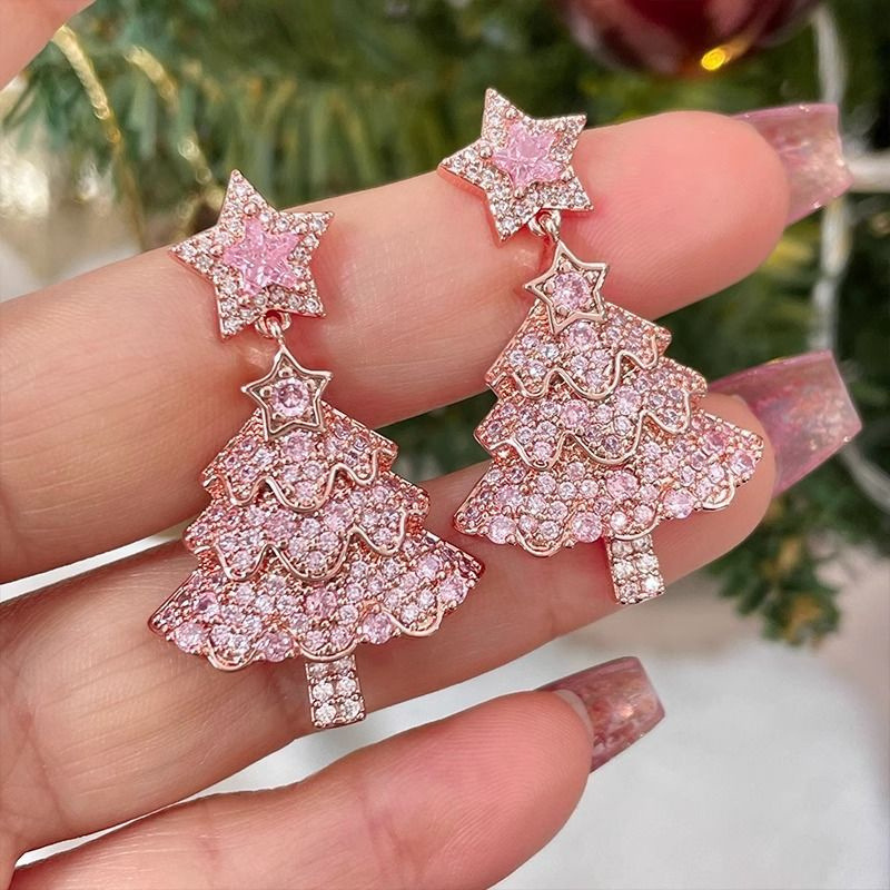 Wholesale Pink Christmas tree pentagram earrings