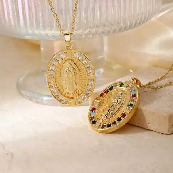 Wholesale PVD Coated K Gold Plated Virgin Mary Oval Heart Shape 304 Stainless Steel Copper Vintage Style Waterproof Non Tarnish Pendant Necklace