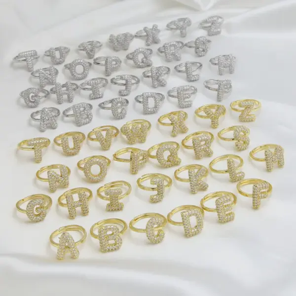 Wholesale Brass Irregular Plating Letter Zircon Adjustable Ring