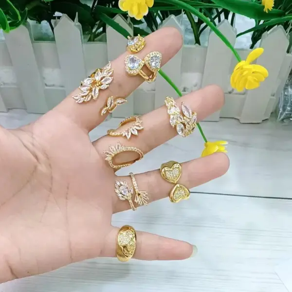 Wholesale Jewelry Vacation Modern Style Heart Shape Wings Grain Copper Zircon 18K Gold Plated Polishing Inlay Open Rings