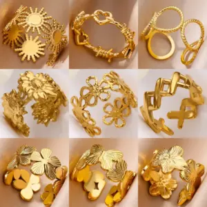 Wholesale 304 Stainless Steel Flower Butterfly PVD Coated Stone-Free Real Gold Plated IG Style Retro Waterproof Non Tarnish Plating Open Rings