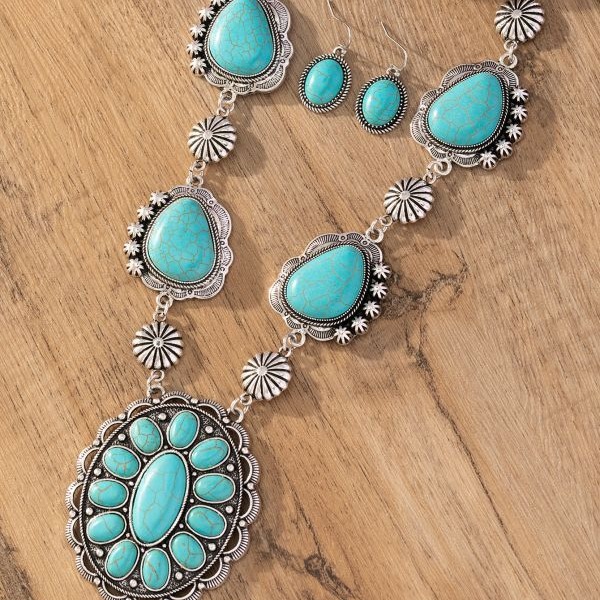 Wholesale Cross-Border European and American Retro Special-Shaped Necklace Turquoise Earrings Western Style Exaggerated Turquoise Necklace Jewelry Set