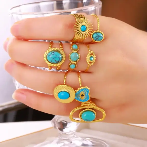 Wholesale Jewelry Retro Devil's Eye Heart Shape 304 Stainless Steel Turquoise Plating Open Rings