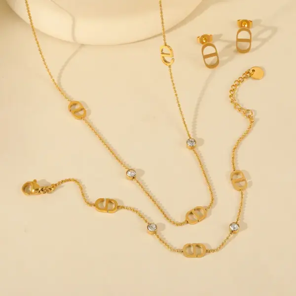 Wholesale Jewelry Basic Simple Style Geometric 304 Stainless Steel Zircon 18K Gold Plated Inlay Jewelry Set Ball Chain