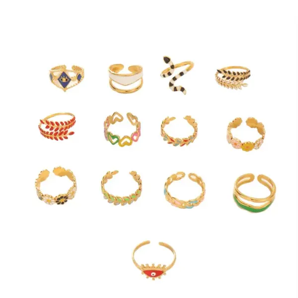Wholesale Jewelry Retro Eye Flower Snake 304 Stainless Steel 18K Gold Plated Enamel Open Rings