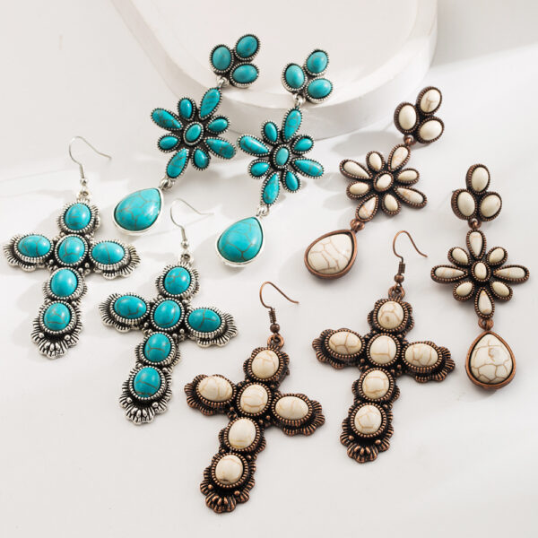 Wholesale Amazon Explosions Vintage Cross with Turquoise Earrings Women Bohemian Ethnic Earrings Earrings