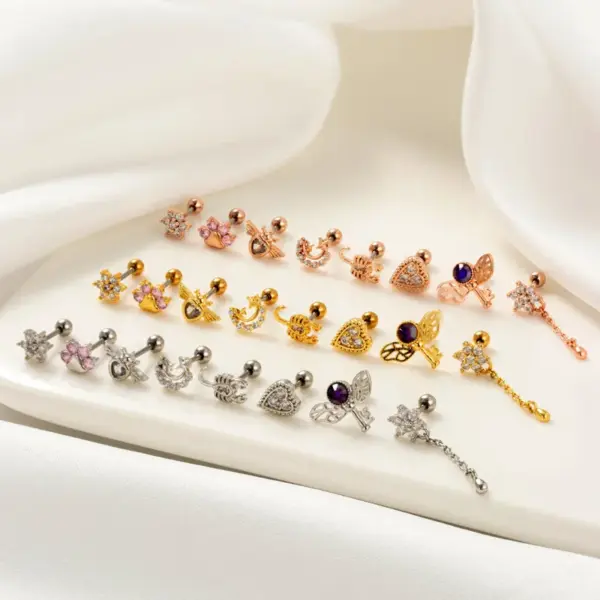 Wholesale 1 Piece 316L Stainless Steel Copper Zircon Ear Cartilage Rings & Studs Heart Shape Wings Flower Waterproof Non Tarnish Surgical Steel Women's