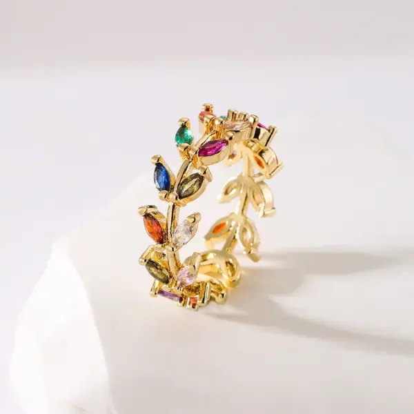 Wholesale Fashion Geometric Leaf Copper Gold Plated Zircon Open Ring 1 Piece