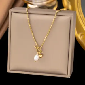 【H6014】OT Buckle Pearl Necklace / Gold