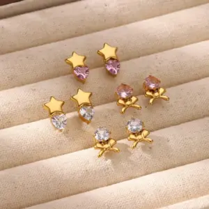 PVD Coated Real Gold Plated Heart Shape Bow Knot 304 Stainless Steel Casual Elegant Lady Waterproof Non Tarnish Small Stud Earrings