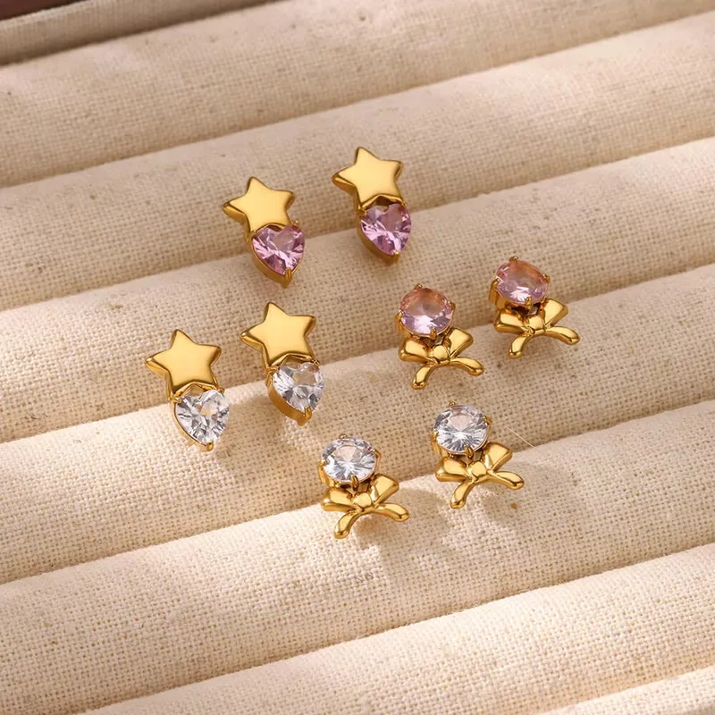 Wholesale PVD Coated Real Gold Plated Heart Shape Bow Knot 304 Stainless Steel Casual Elegant Lady Waterproof Non Tarnish Small Stud Earrings