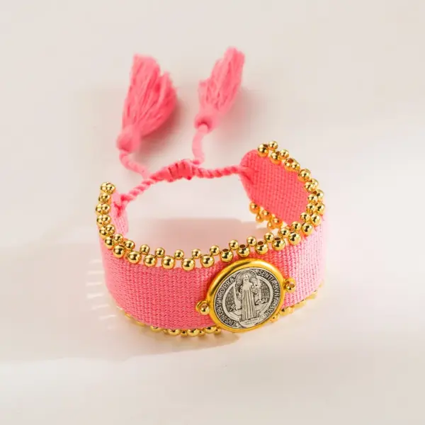 Wholesale Jewelry Ethnic Style Saint Benedict Color Block Copper Braid Wristband