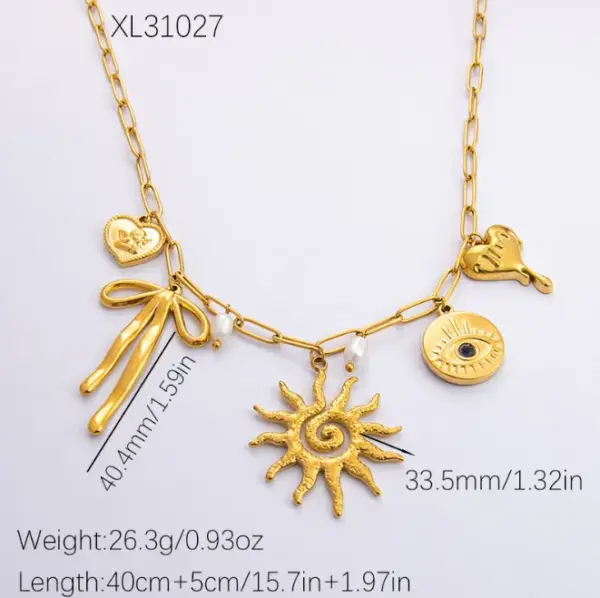 PVD Coated Real Gold Plated Devil's Eye Heart Shape Bow Knot Titanium Steel Classic Style Waterproof Non Tarnish Titanium Steel Lobster Trigger Clasp Closure Pendant Necklace