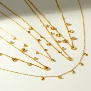 Wholesale Trillion-cut Electroplated Necklace In 18K Gold Plated 304 Stainless Steel With Zircon And 0.03-0.05µm PVD Coating Side Chain