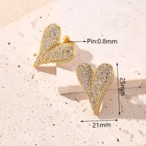 Full Inlaid White Zircon Pointed Heart-Shaped White Zircon Light Gold Stitching Water Drop Gold Earrings [25x21mm (Needle Thickness:0.8mm)] / 1 Pair/Package