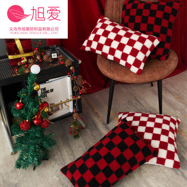 Wholesale Christmas red, black, and white checkerboard faux lambskin pillowcase
