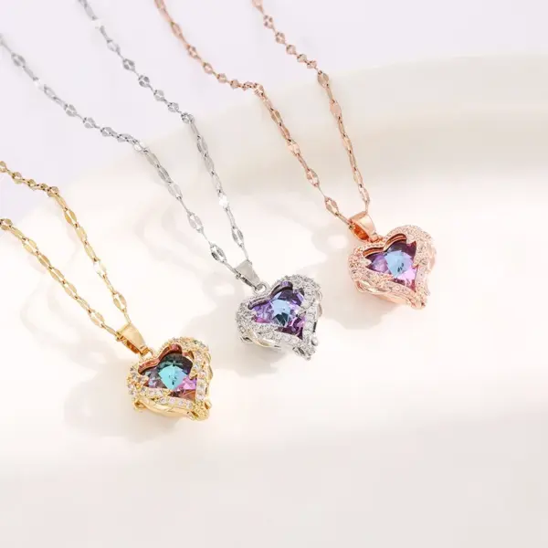 Wholesale Vintage Style Maple Leaf Heart Shape Butterfly Titanium Steel Plating Inlay Zircon Pendant Necklace